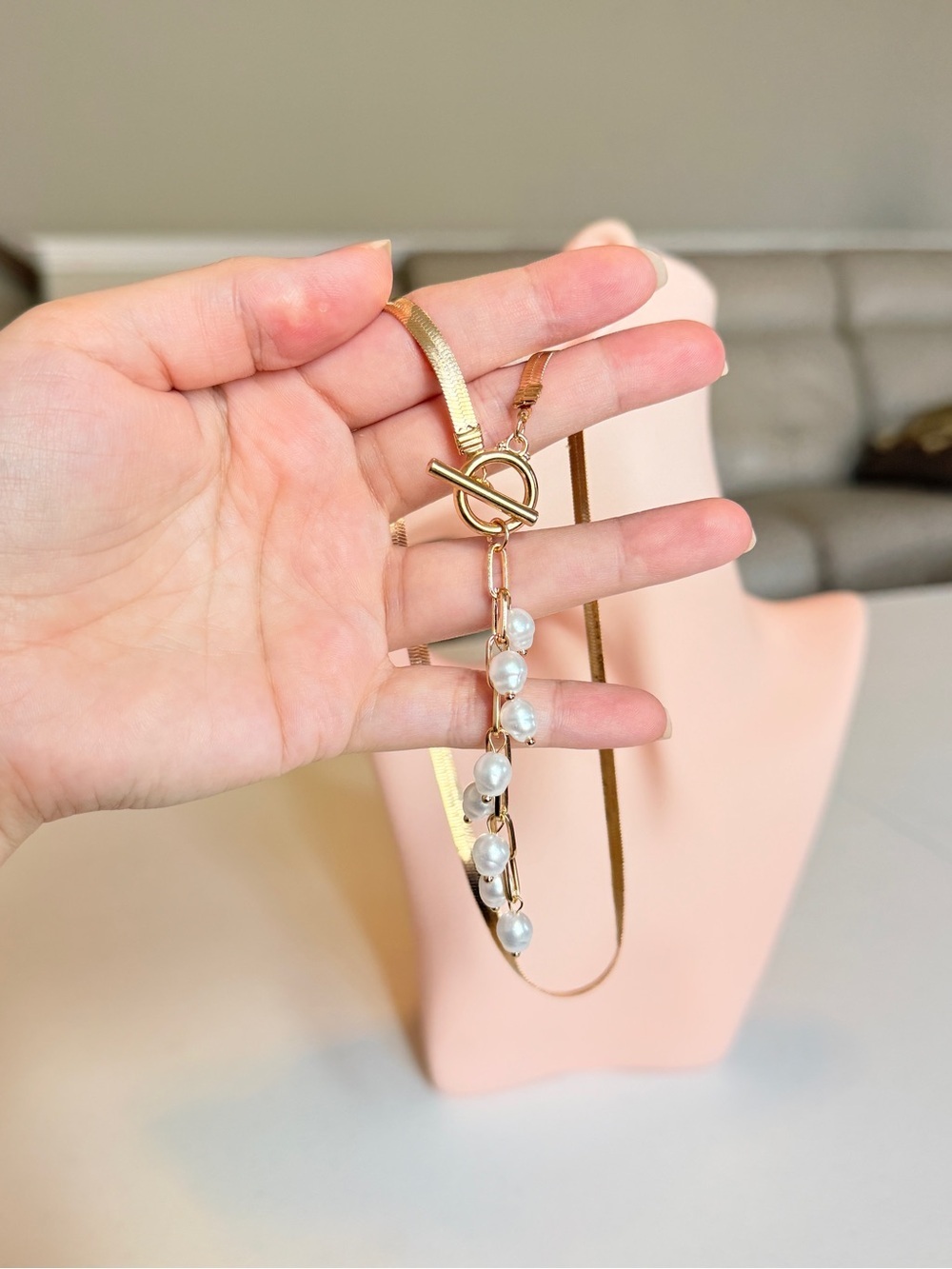 Gold Toggle Necklace with White Pearl Drop - Picture 10 of 11